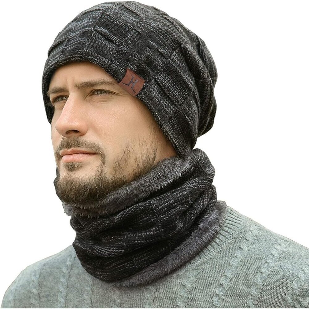 Men's Black Winter Warm Knit Skull Cap Neck Warmer Fleece Lined Hats Scarf Set